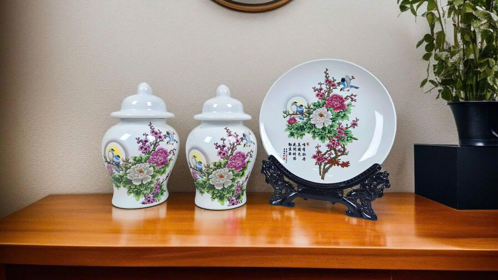 Bộ chóe - đĩa cảnh họa tiết chim hoa mẫu đơn