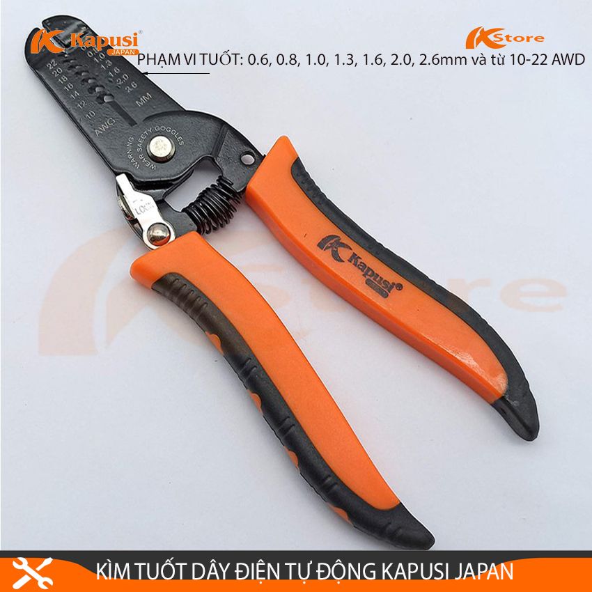 KÌM TUỐT DÂY ĐIỆN KAPUSI JAPAN K-9100, PHẠM VI TUỐT 0.6-2.6MM, KÌM TUỐT DÂY ĐIỆN NHẬT BẢN CÓ KHÓA AN TOÀN KHI SỬ DỤNG, KỀM TUỐT DÂY ĐIỆN, KEM TUOT DAY DIEN