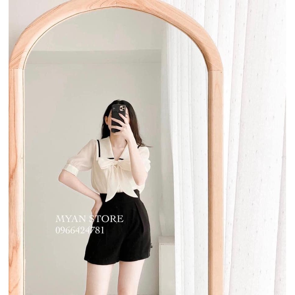 Áo sơ mi cộc tay viền cổ thắt nơ