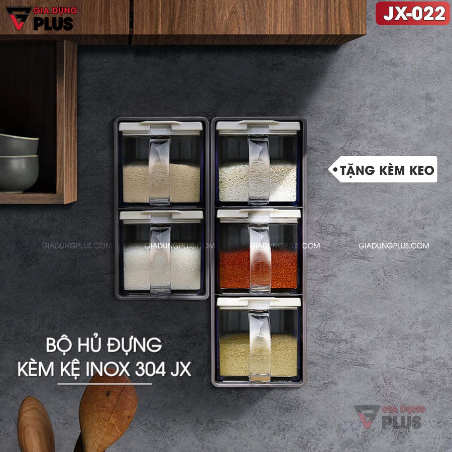 Bộ hộp đựng gia vị kèm kệ inox 304 cao cấp, dung tích lớn | Gia Dụng Plus
