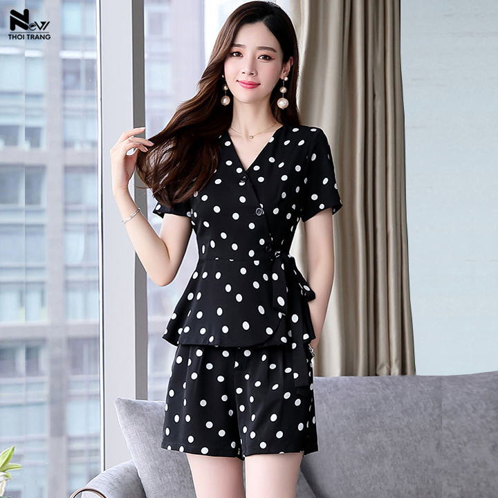 [HCM]Bộ Áo Kèm Quần Chấm Bi Cột Nơ Eo - New Thoi Trang