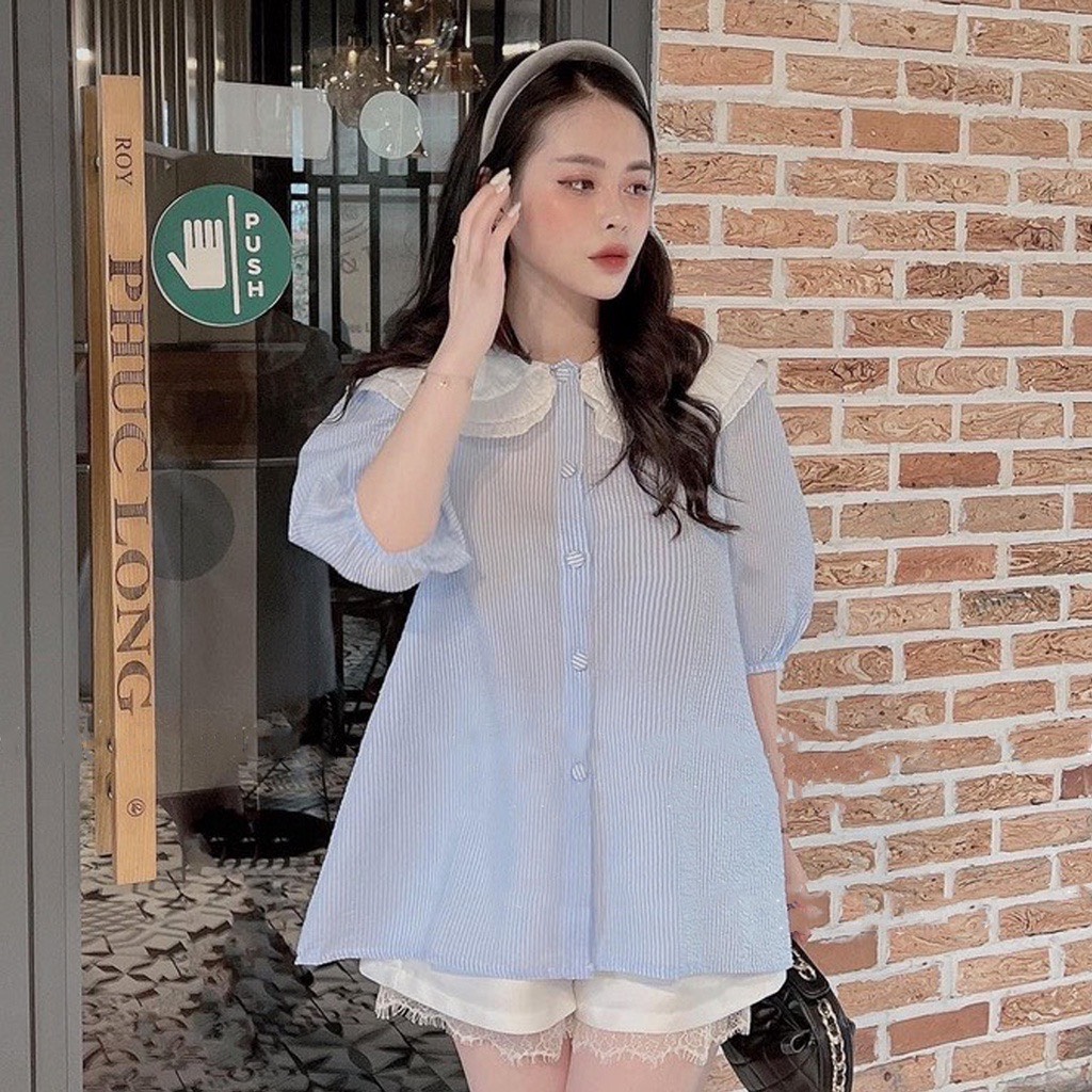 Áo sơ mi sọc cổ bèo tay ngắn