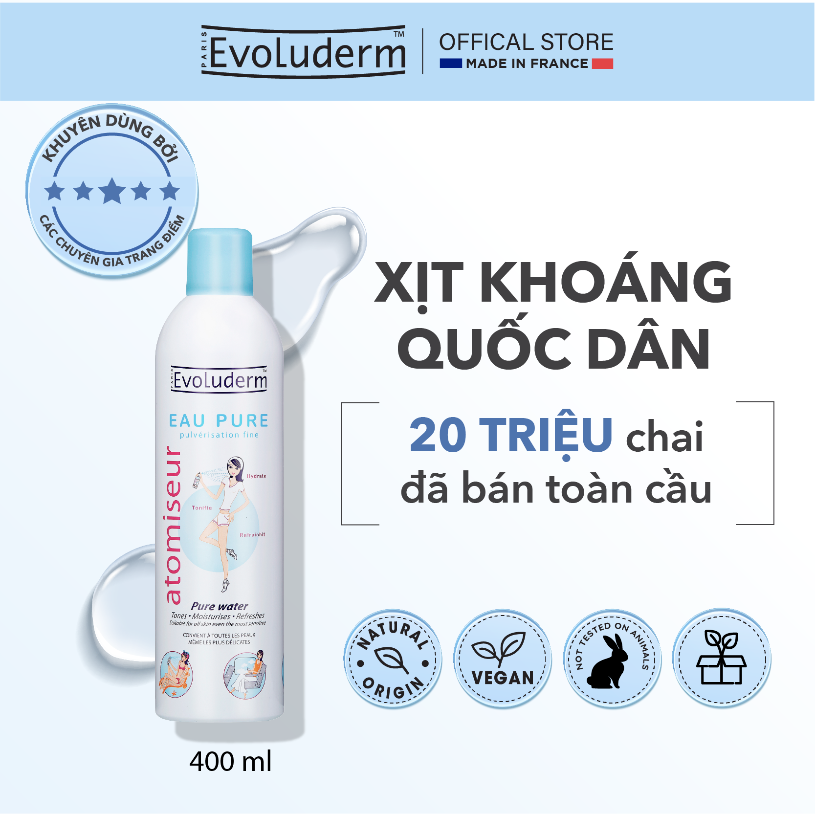 Xịt Khoáng Cấp Ẩm Làm Dịu Da Evoluderm Atomiseur Eau Pure  400ml
