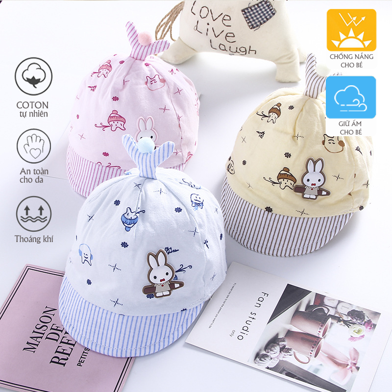 Nón cho trẻ sơ sinh từ 0-4 tháng, chất vải cotton mềm mại, thiết kế họa tiết tai thỏ cực đáng yêu cho bé trai, bé gái siêu dễ thương HOT