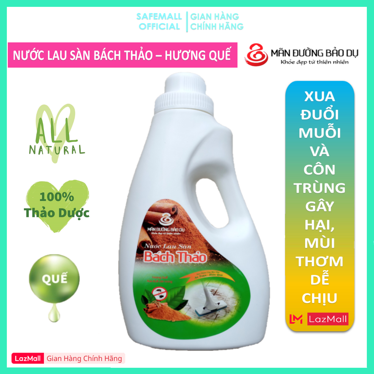 SAFEMALL - Nước Lau Sàn Bách Thảo Hương Quế Thơm Ngát Từ Thảo Dược Tự Nhiên Diệt Khuẩn Hỗ Trợ Phòng Chống Dịch, Xua Đuổi Muỗi và Côn Trùng Gây Hại - Chai 1000ml - Hàng Chính Hãng SAFEMALL OFFICIAL
