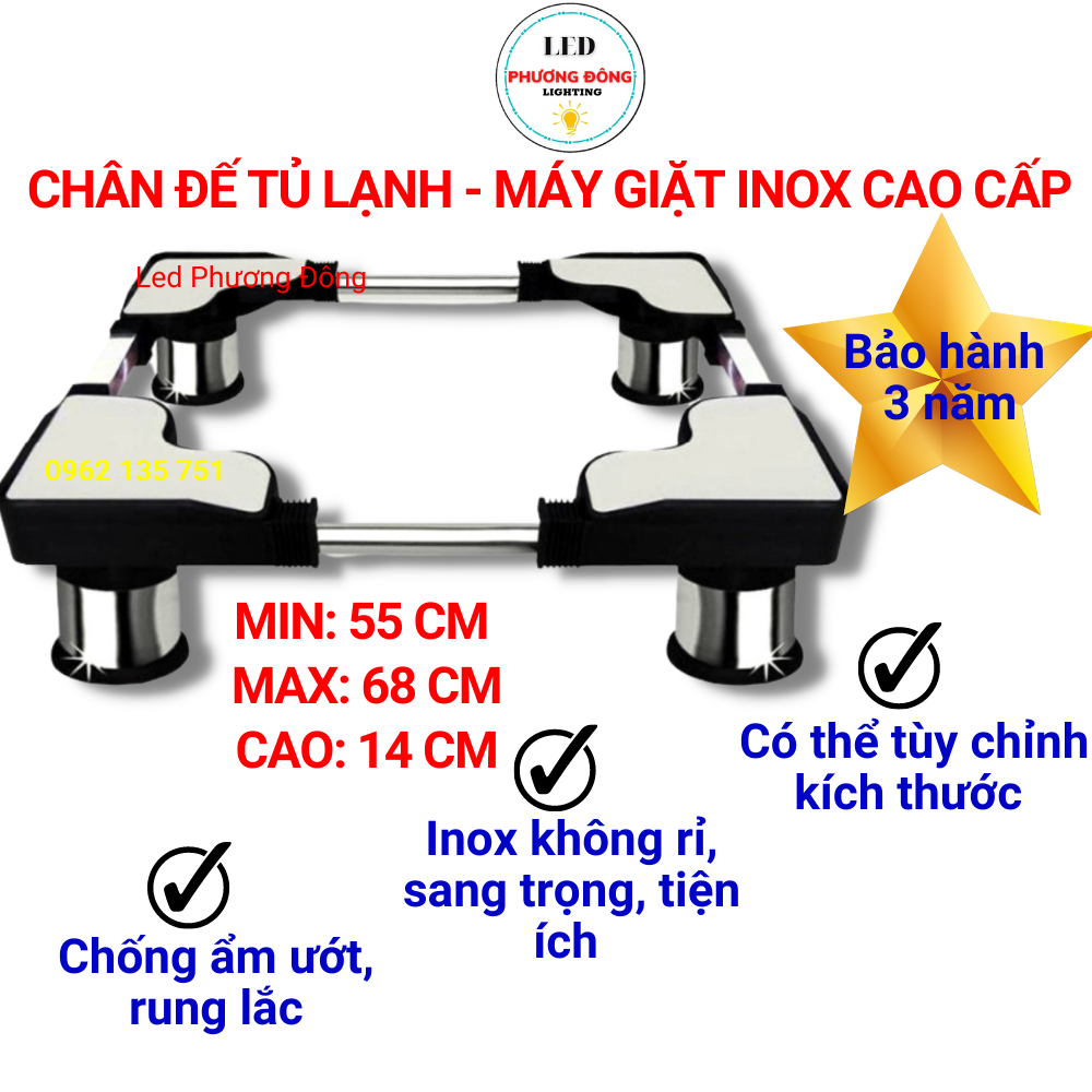 Chân đế - chân kệ tủ lạnh, máy giặt cỡ lớn 55cm - 68cm chân INOX [BẢO HÀNH 24 THÁNG]