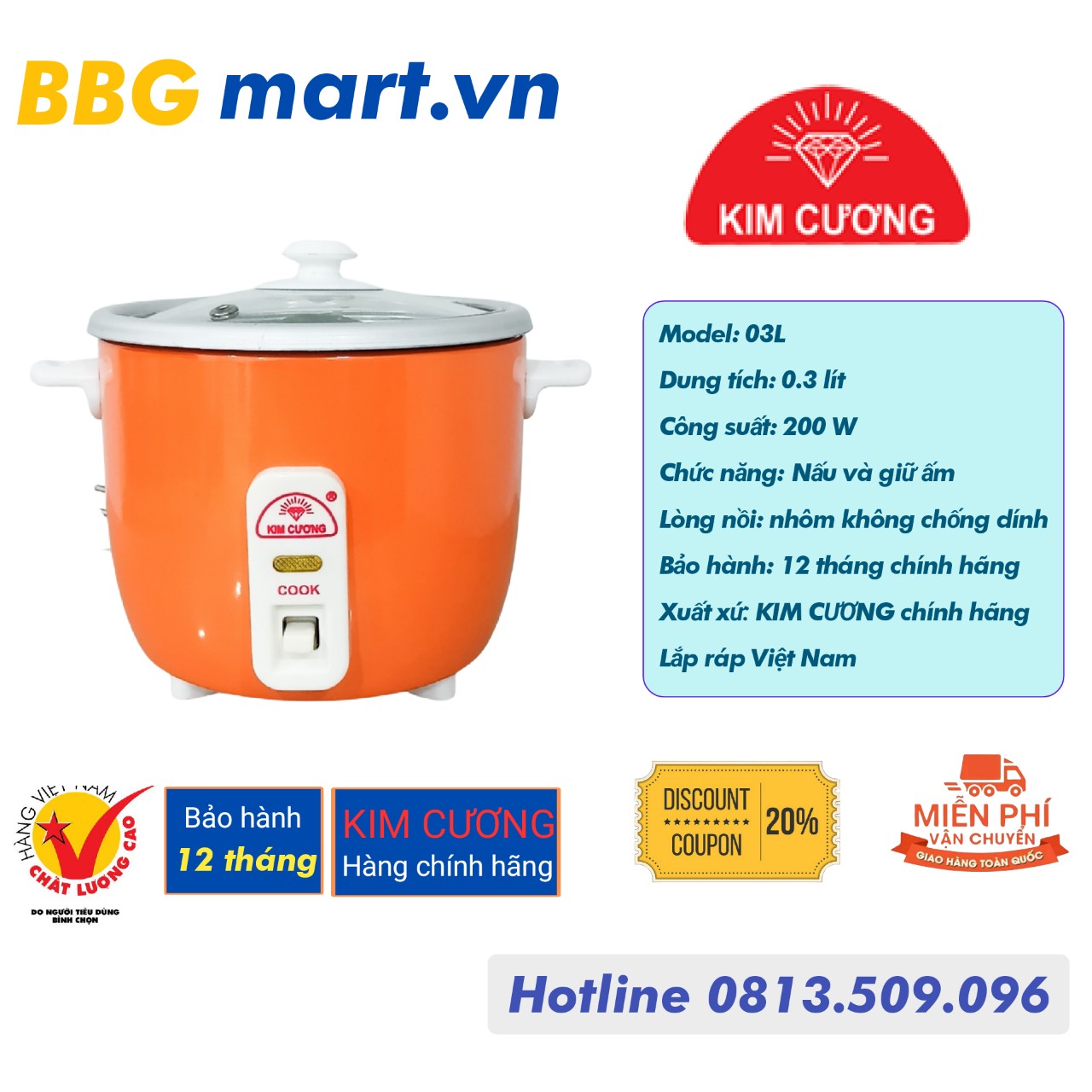 Nồi Cơm Điện Nắp Rời Mini 0.3 Lít Kim Cương KC-0.3L Nồi Nhỏ Gọn Hàng Chính Hãng (Bảo Hành 12 Tháng)