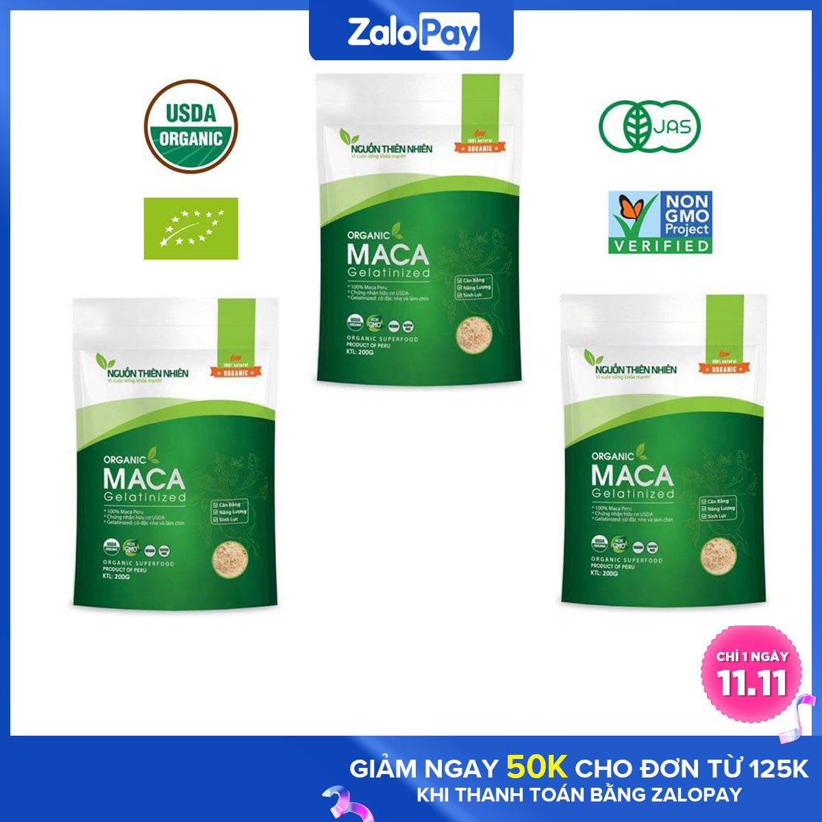 Bộ 3 gói bột Maca Nguồn Thiên NhiênOrganic Gelatinized 200g x 3