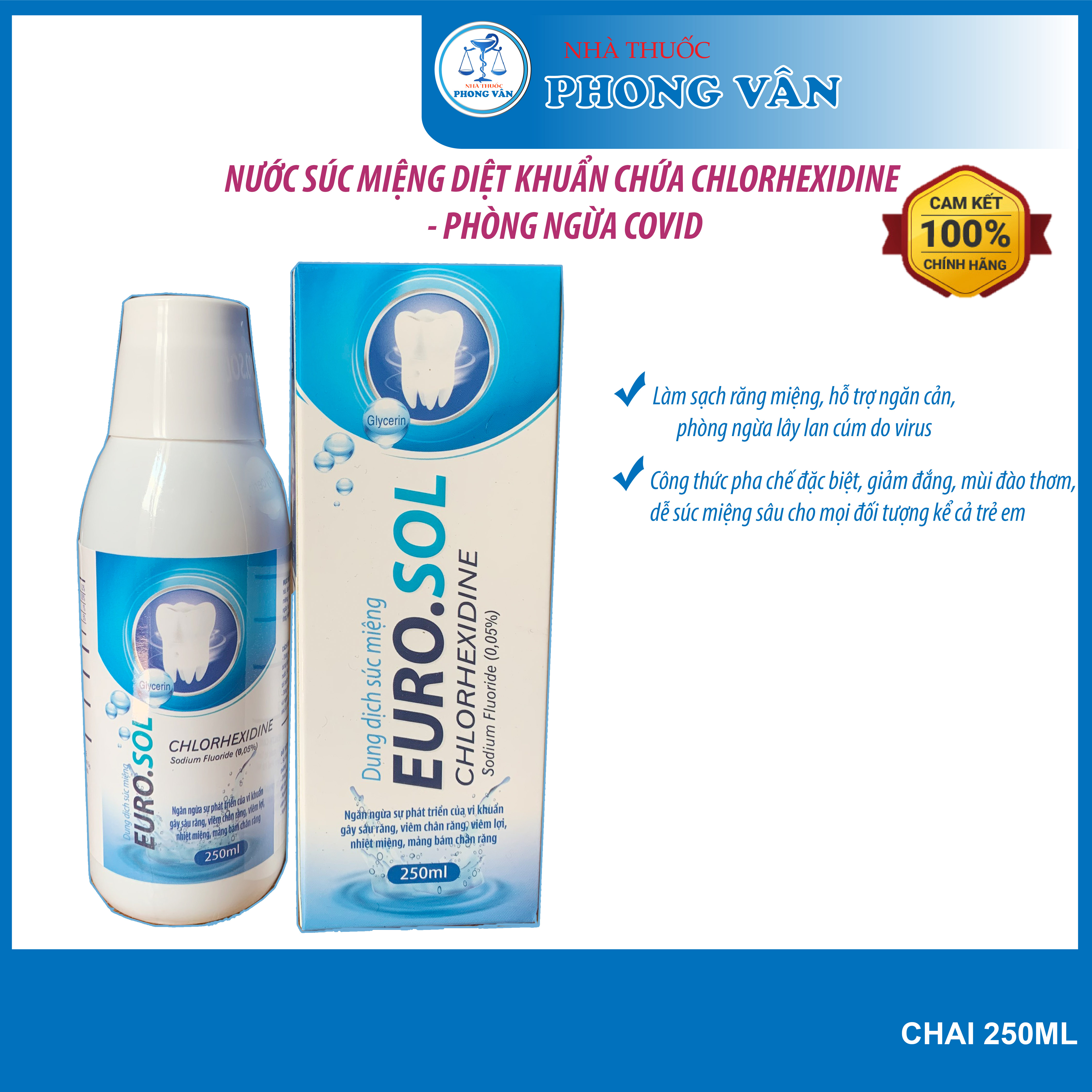 Nước súc miệng Chlohexidin diệt khuẩn Euro. Sol  250ml