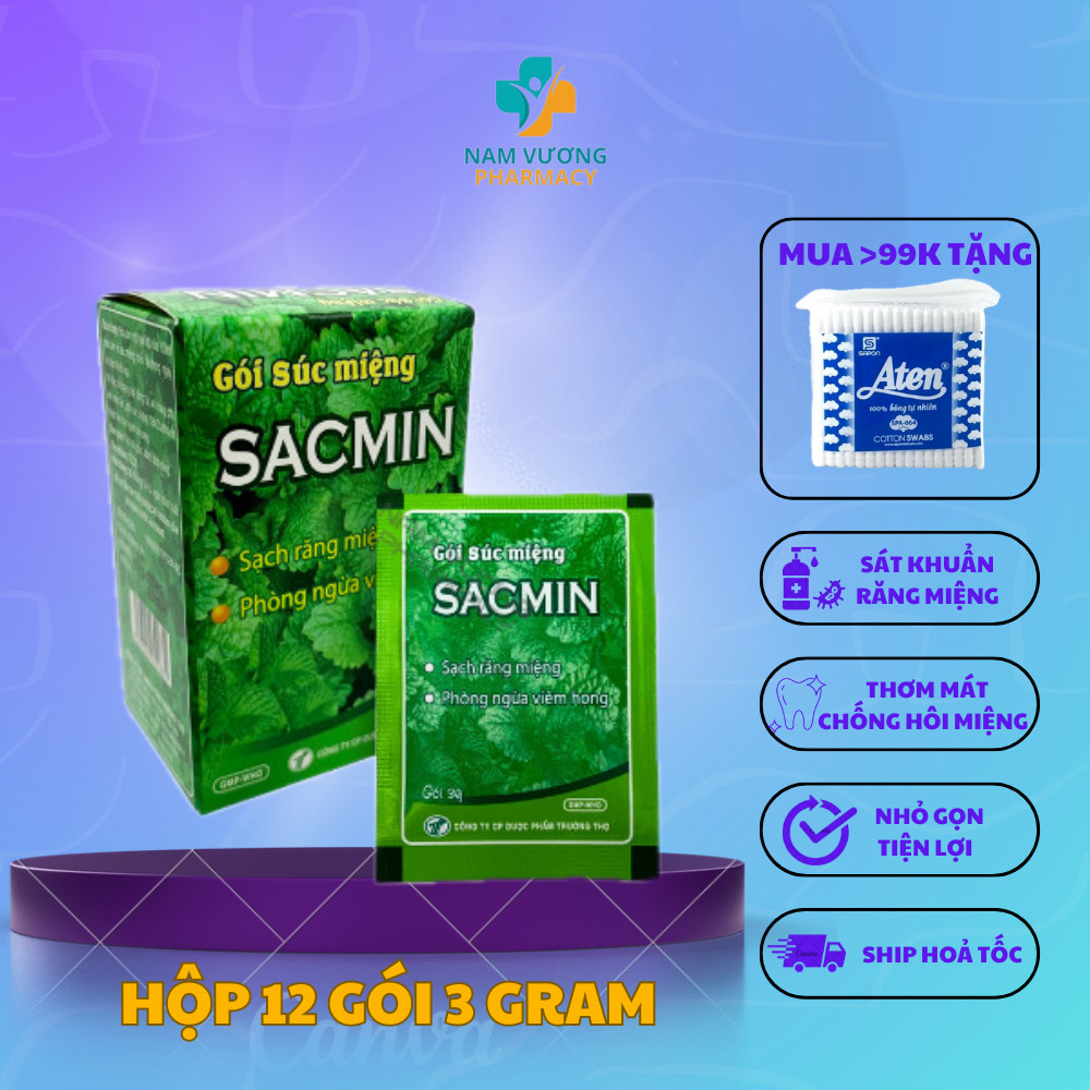 Gói súc miệng Sacmin - Vệ sinh răng miệng, Súc miệng nước muối sạch khuẩn cho bé hương thơm mát - Hộp 12 gói*3g