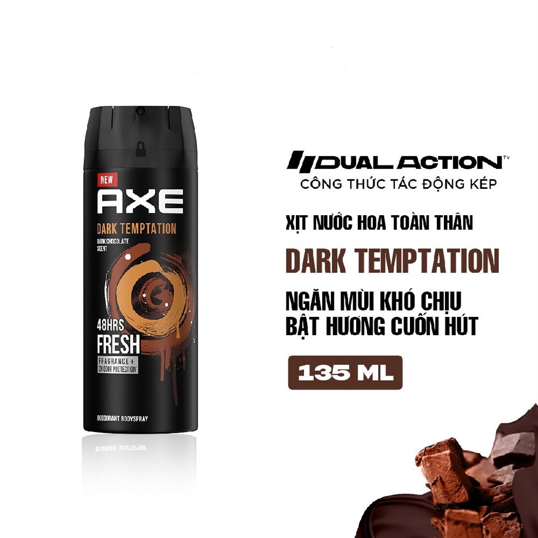 Xịt nước hoa toàn thân AXE Dark Temptation dành cho nam với hương thơm ngọt ngào và quyến rũ của chocolate đen 135ml