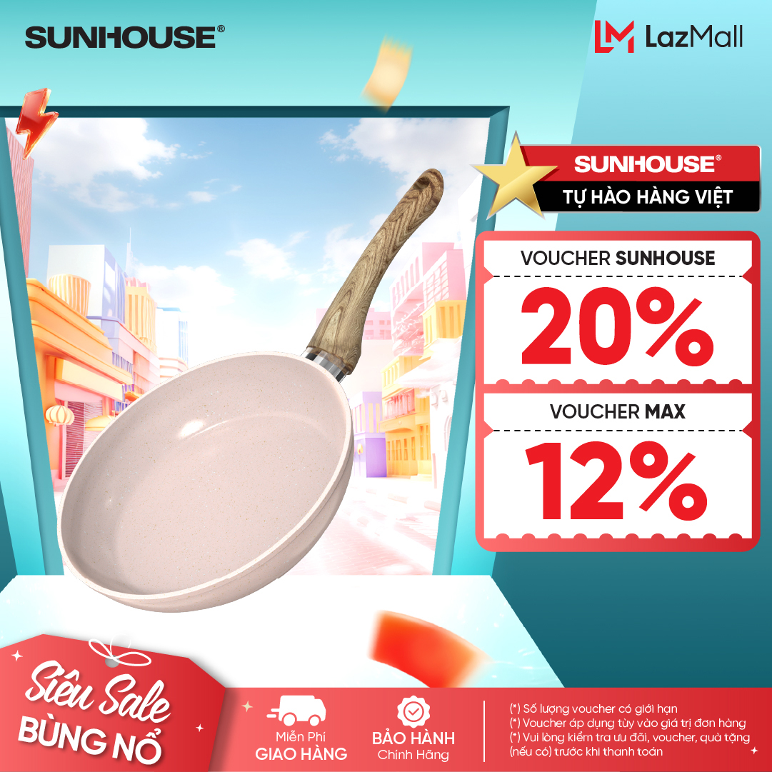 Chảo siêu bền đá đáy từ Sunhouse Trendy SFP18-20-22-24P - Chống dính vân đá 4 lớp - Tay cầm cách nhiệt - Dùng mọi loại bếp
