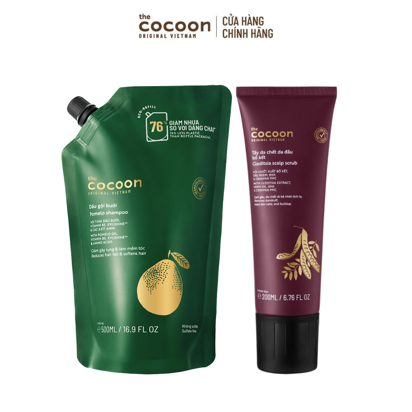 COMBO 1 Túi refill Dầu gội bưởi Cocoon 500ml + 1 Tẩy da chết da đầu Bồ Kết 200ml