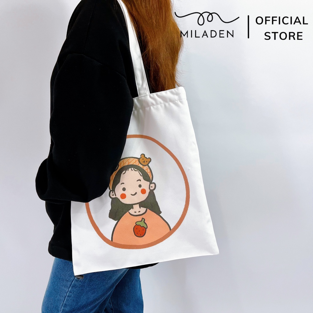 Túi tote vải girl dâu tây, đi chơi, đi học, du lịch chụp ảnh sống ảo miladen