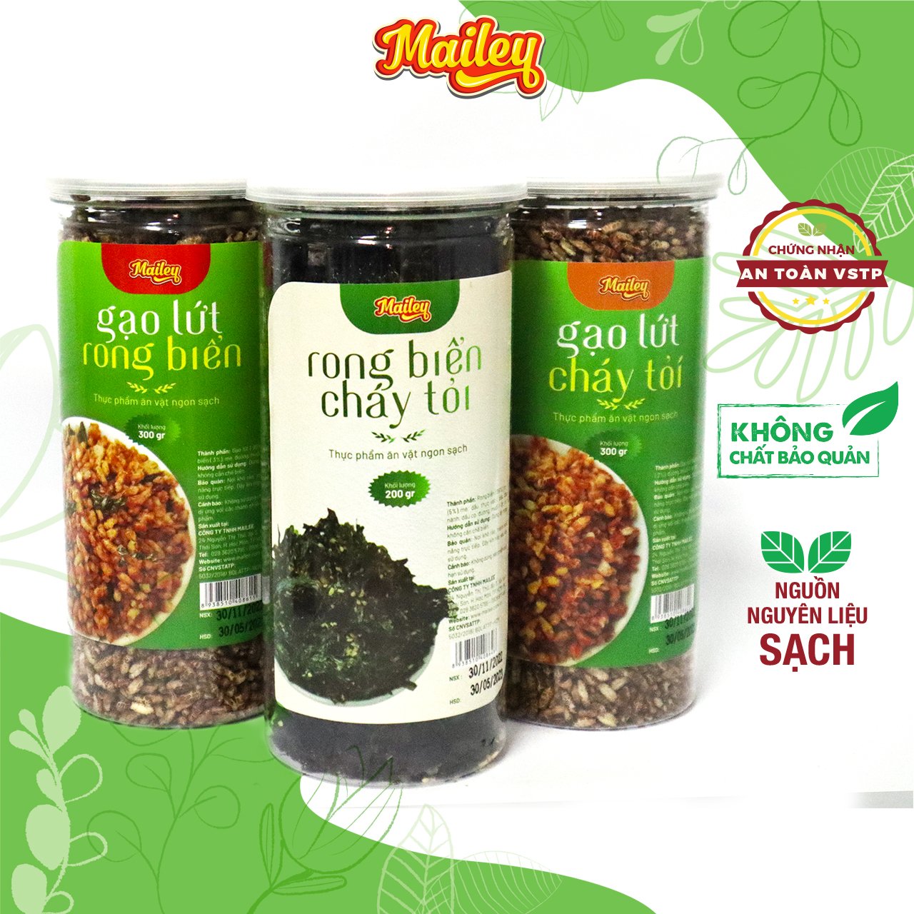 Combo Rong biển cháy tỏi 200g + Gạo lứt sấy cháy tỏi 300g + Gạo lứt sấy rong biển 300g Mailey ăn liền