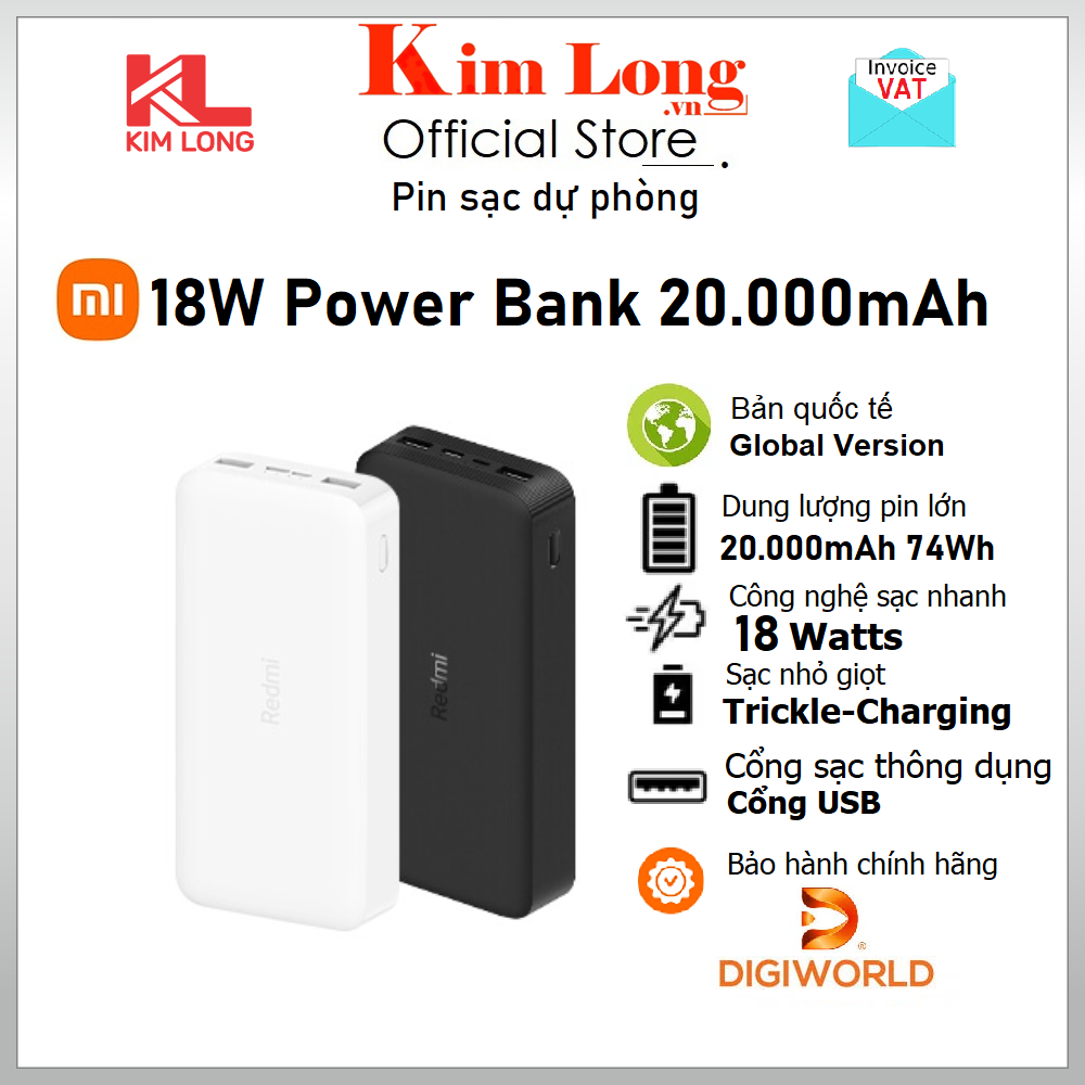 Pin sạc dự phòng Xiaomi Redmi 20000 mAh Sạc nhanh 18W Input(Micro USB/Type-C), Output (USB-Ax2) Bản quốc tế - Chính hãng Digiworld