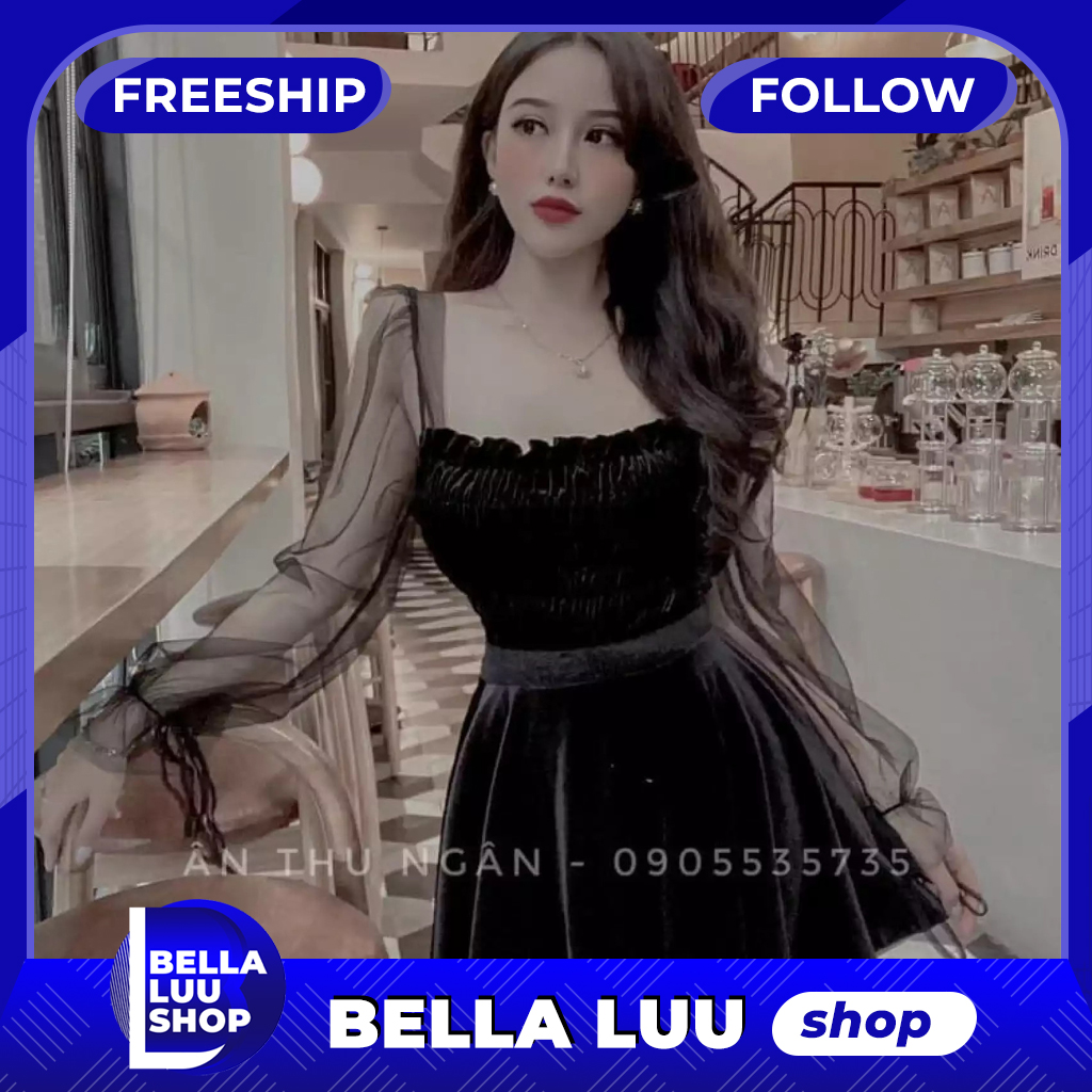 Đầm nữ, đầm nhung cao cấp tay lưới thời trang Bella Luu Shop