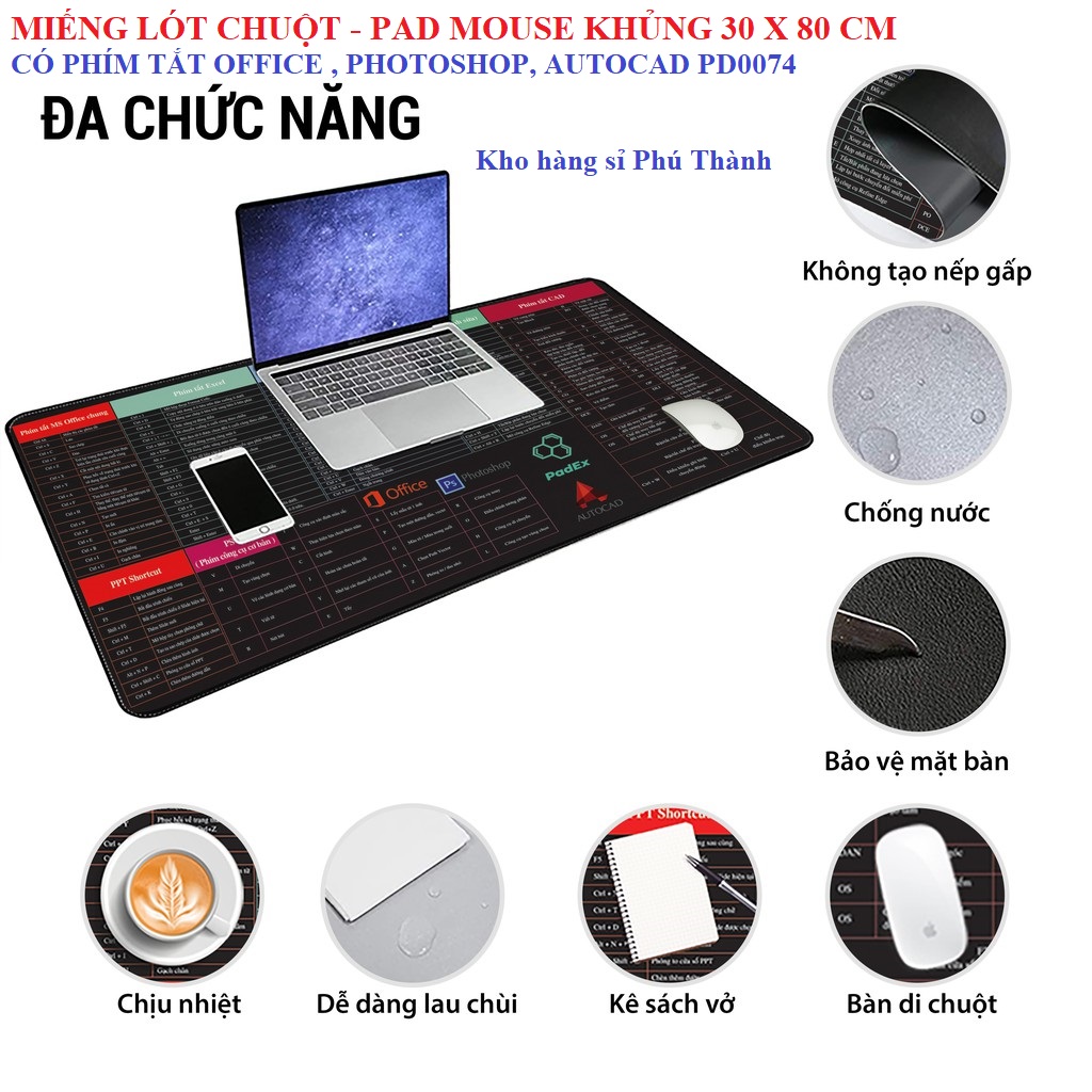 Miếng lót chuột lớn - pad mouse khủng 30 x 80 cm - có phím tắt office, photoshop, autocad – bàn di chuột to pd0074