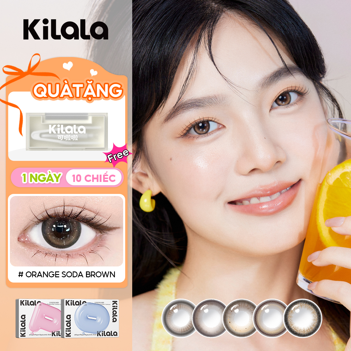 Kilala Kính áp tròng nâu tự nhiên Kính áp tròng màu 1 ngày DIA 14.2mm Yellow Peach Brown/Ebony Brown/Orange Soda Brown Lens nâu tự nhiên có độ (0-8) 10 Chiếc