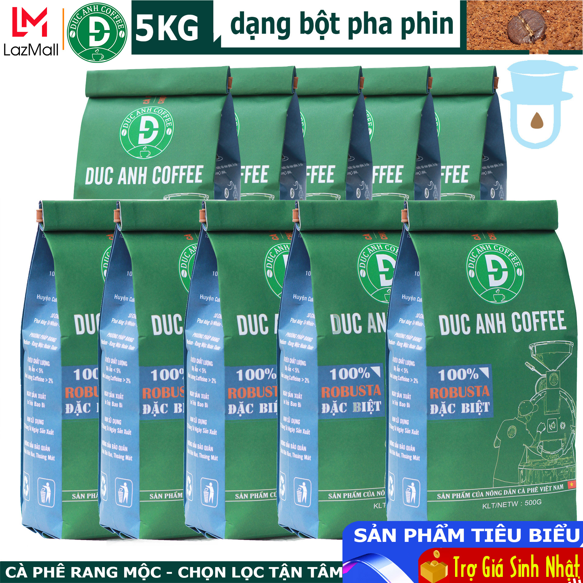 [GIÁ SỈ] 5kg cà phê nguyên chất rang mộc pha phin 100% Robusta Đặc Biệt túi xanh - DUC ANH COFFEE - cà phê Đức Anh