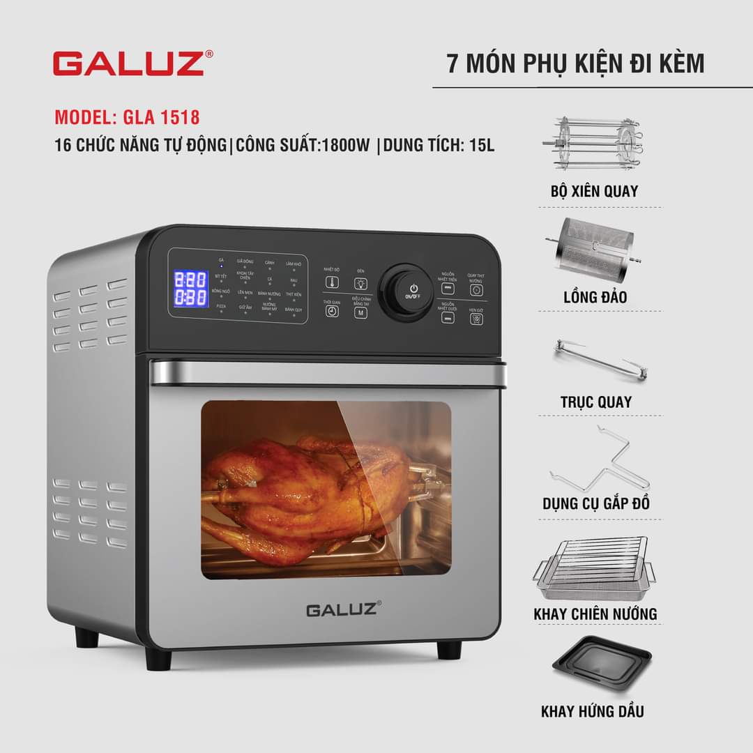 Nồi chiên không dầu GALUZ GLA 1518, dung tích 15L, công suất 1800W, bếp chiên không khí vỏ inox 304, dải nhiệt trên và dưới, đủ phụ kiện lồng quay