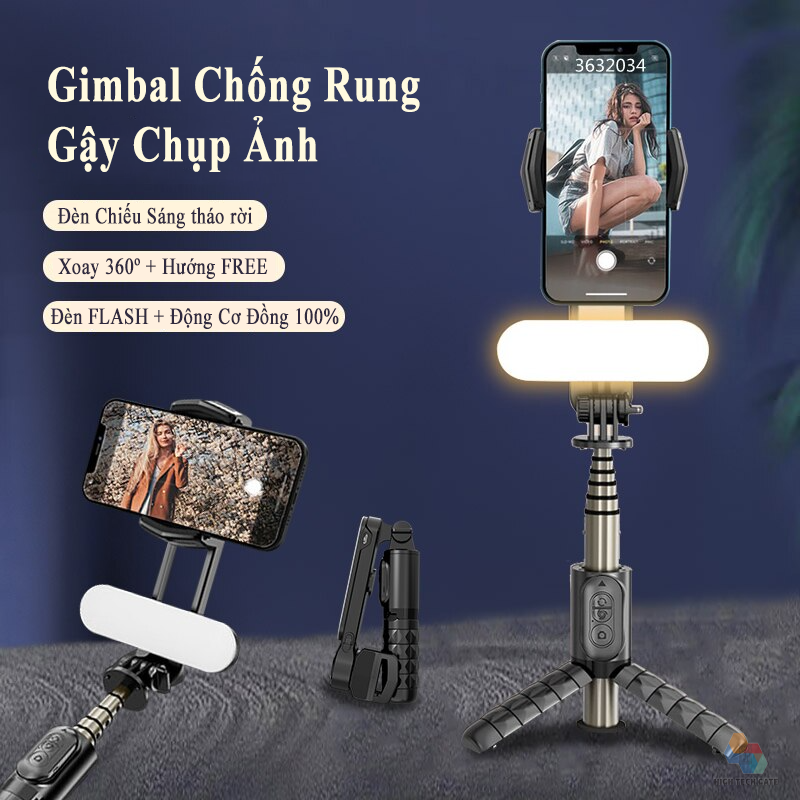 Gậy chụp ảnh selfie chống rung điện thoại gimbal tay cầm quay video kiêm gậy chụp hình selfie, livestream có đèn tháo rời, model q09