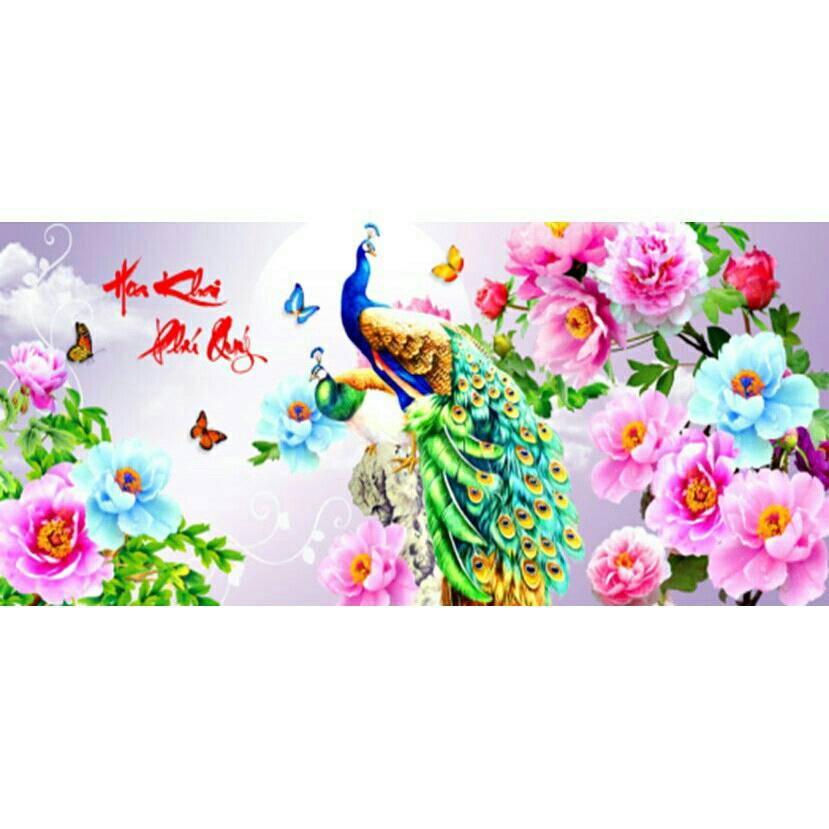 Tranh đính đá hoa khai phú quý _111×50cm