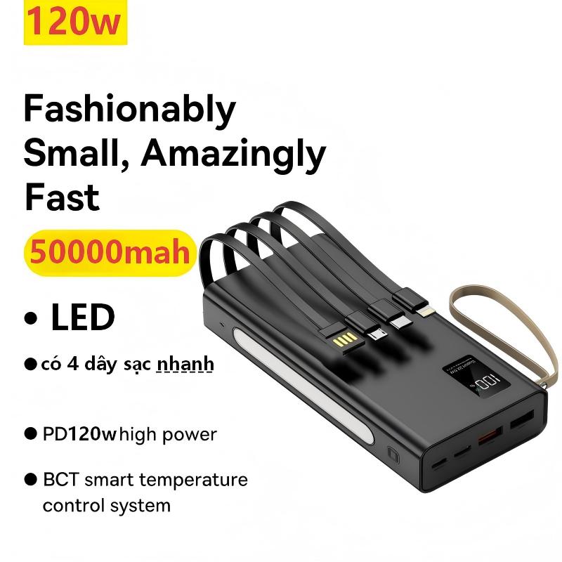 50,000 Mah Backup Battery Supports 120W Fast Charging Included with 4 Charging Cords, Supports Maximum 120W Output Integrated 2 Output Charging Ports and Led Screen to Display Battery Level