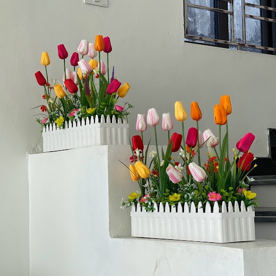 Hàng Rào Tulip - Hàng rào hoa trang trí cửa hàng có gắn đèn