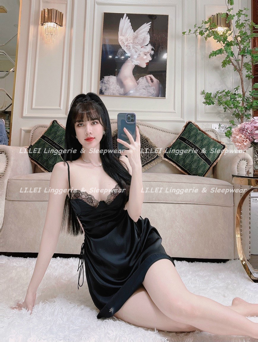 Váy ngủ sexy cúp ngực gợi cảm, đầm ngủ lụa viền ren hở eo HT27