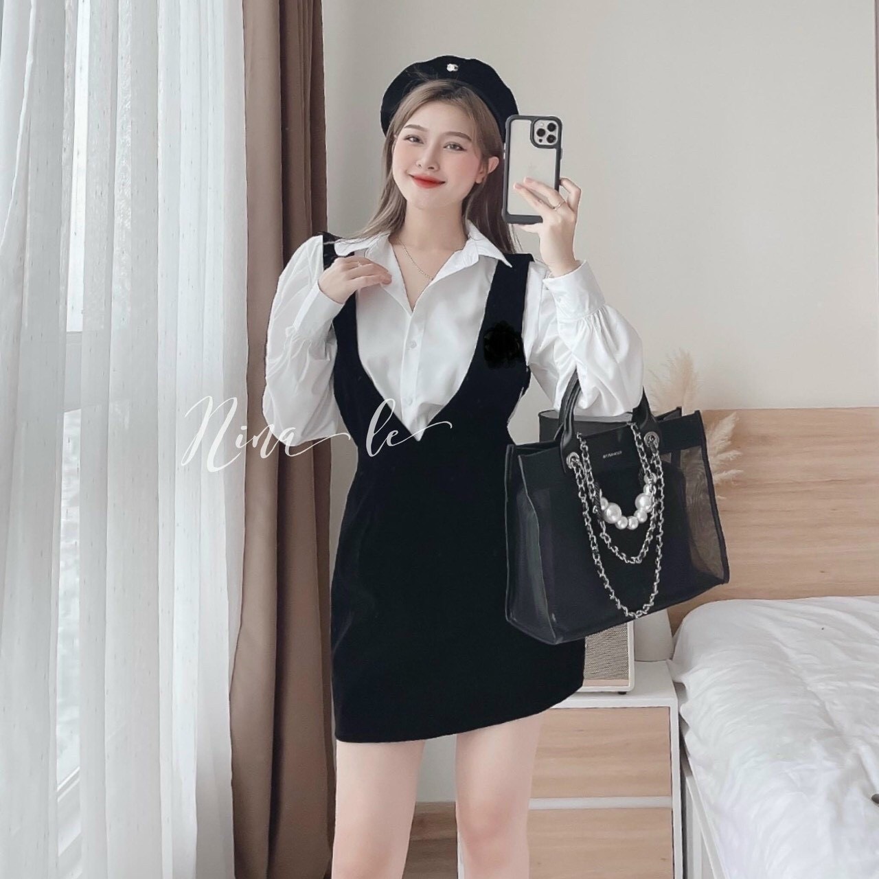 Váy đầm nữ chất liệu nhung cứng phối sơ mi
