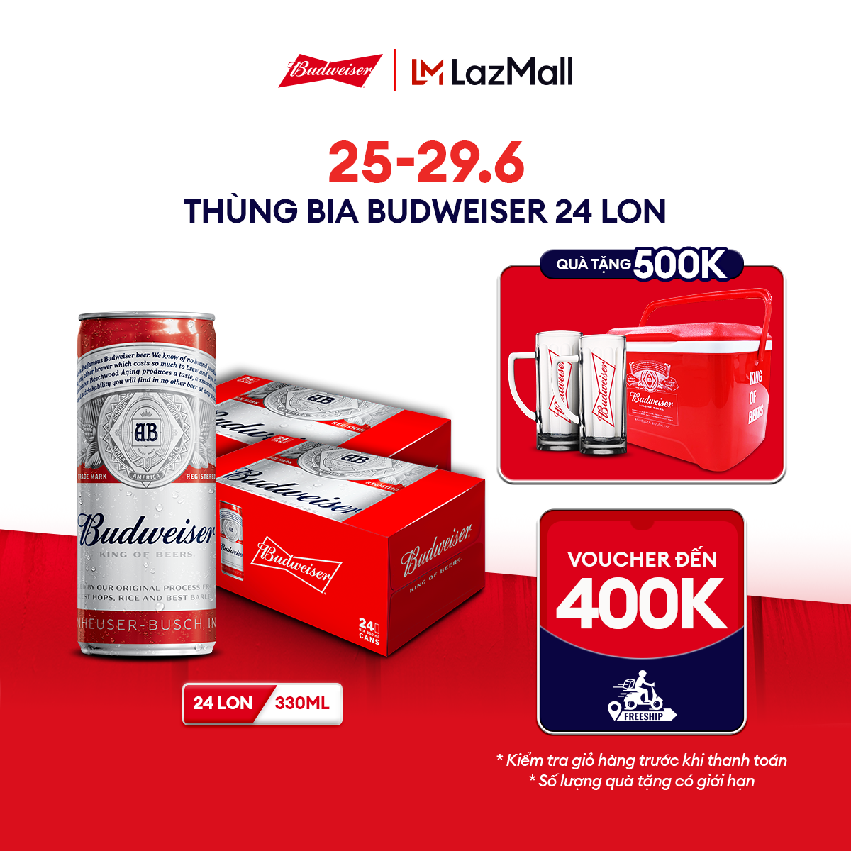 [25-29.6 VC ĐẾN 100K+FS] Combo 2 Thùng 24 Lon Bia Budweiser (330ml/lon) Date [01/2025]