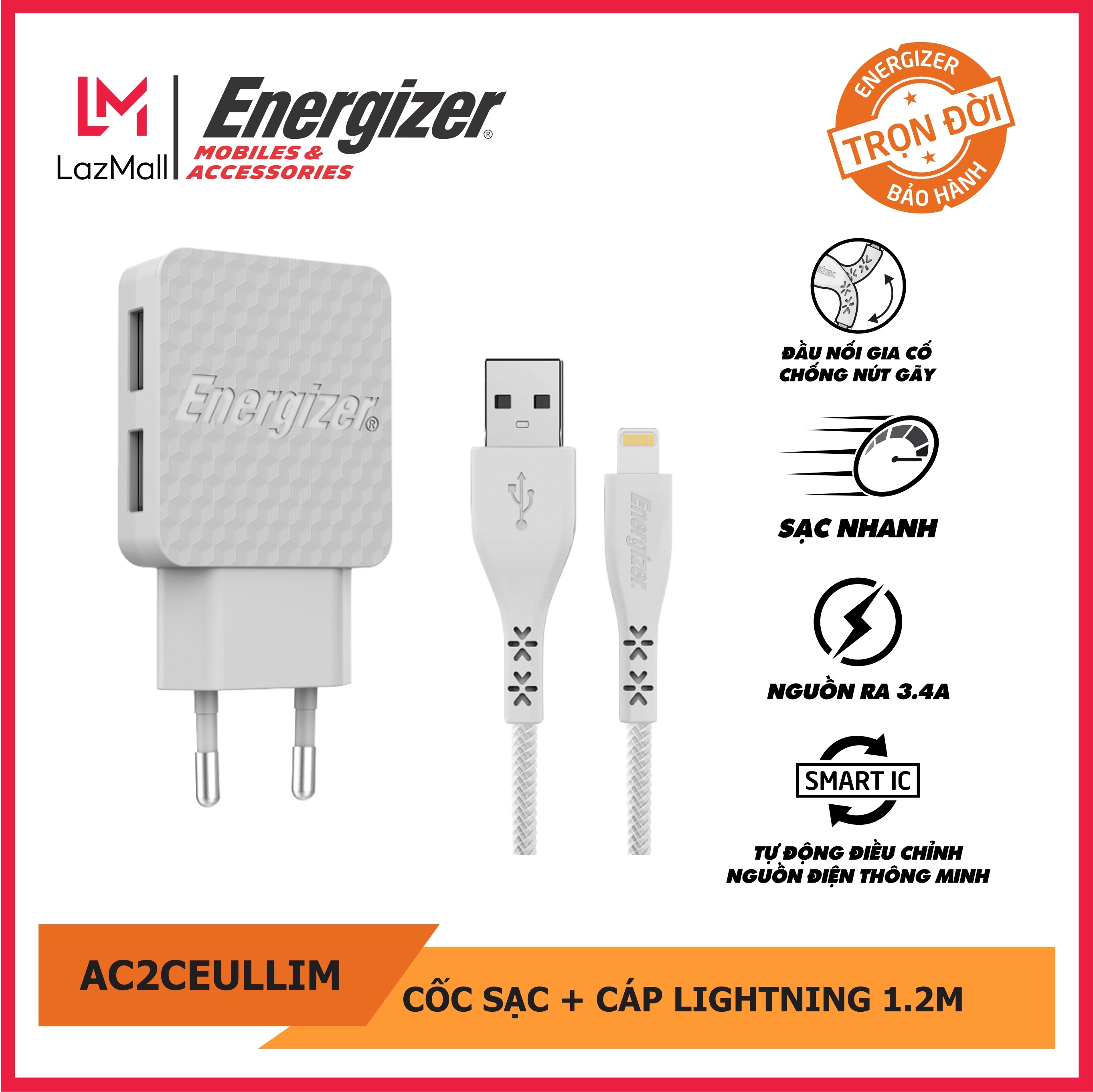 Sạc Energizer 3.4A 2 Cổng USB màu trắng, kèm cáp lightning - AC2CEULLIM. Bảo hành trọn đời. Hàng chính hãng