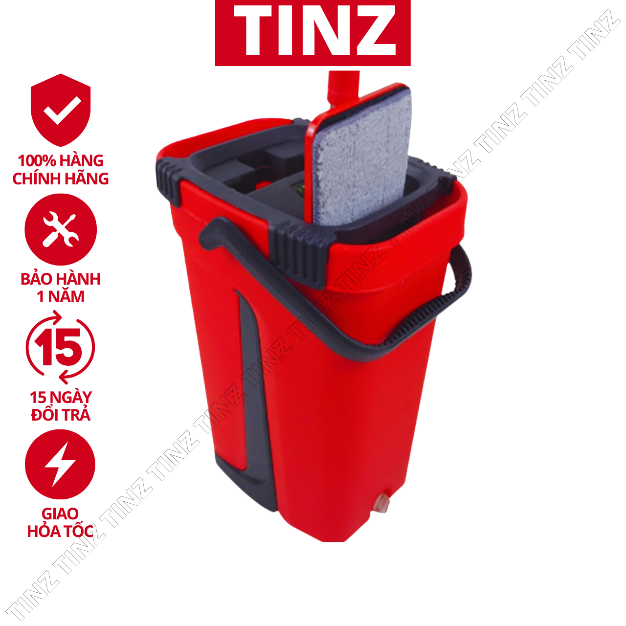 Bộ Lau Nhà Thông Minh Hai Ngăn TINZ Xoay 360° Dáng VUÔNG, Bông Lau 12x33 cm