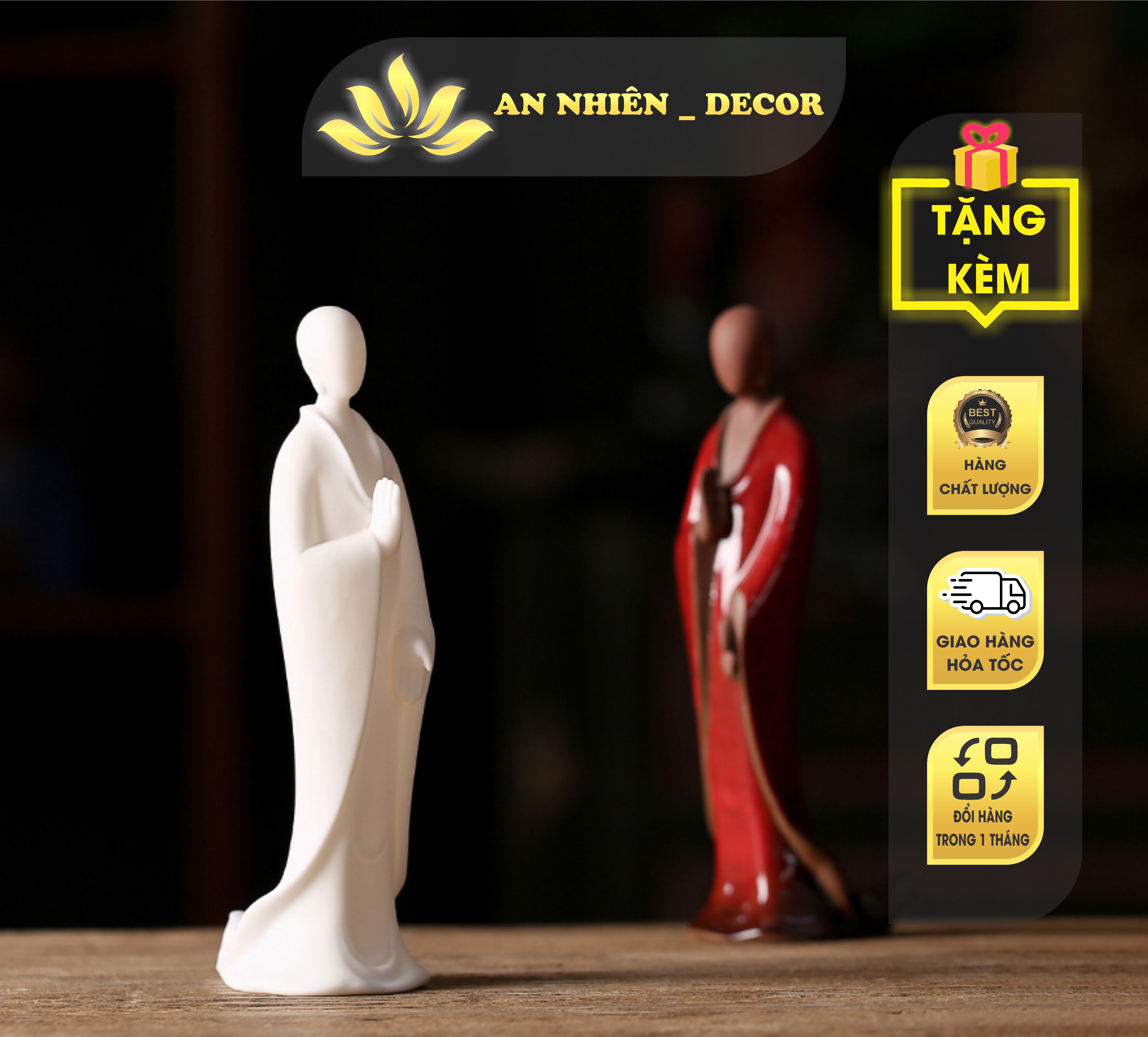 Tượng nhà sư đứng thủ ấn - tượng trang trí chất liệu gốm men đỏ - trắng cao cấp