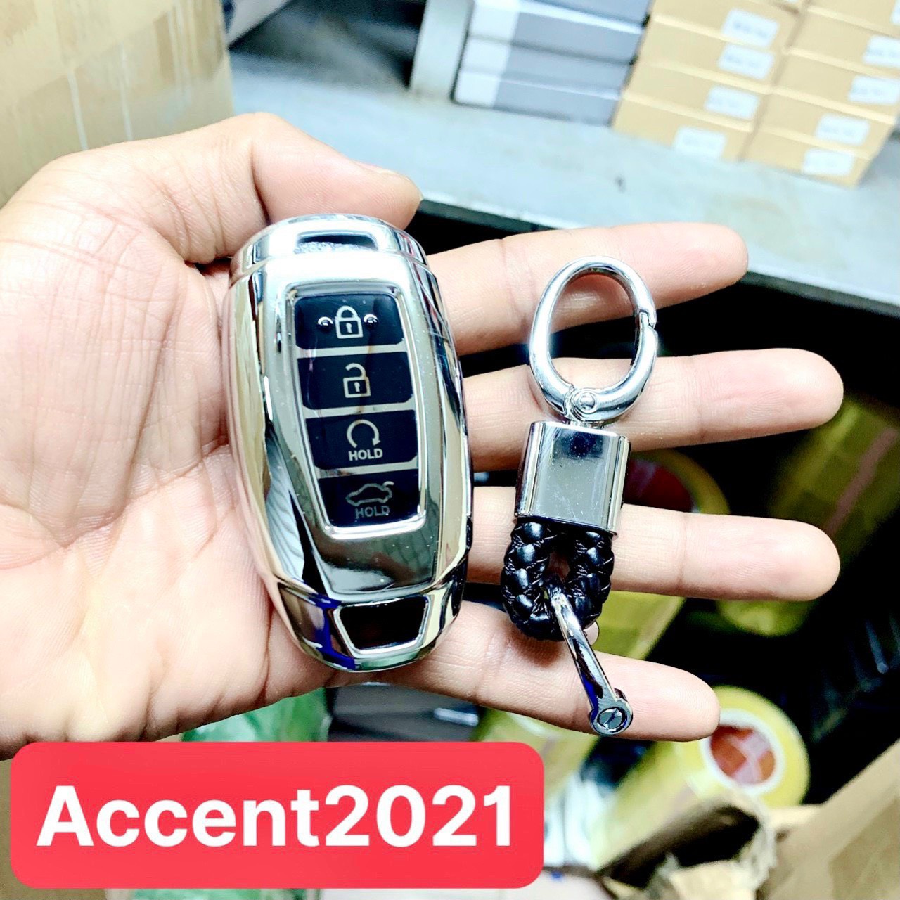Bao chìa khóa xe Hyundai Kona, Accent 2021 + móc khóa mạ crom cao cấp