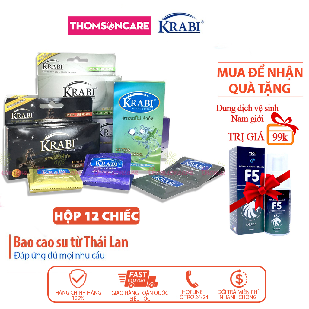 Bao cao su thái lan krabi - bcs siêu mỏng, kéo dài, có gân gai - hộp 12 chiếc condom