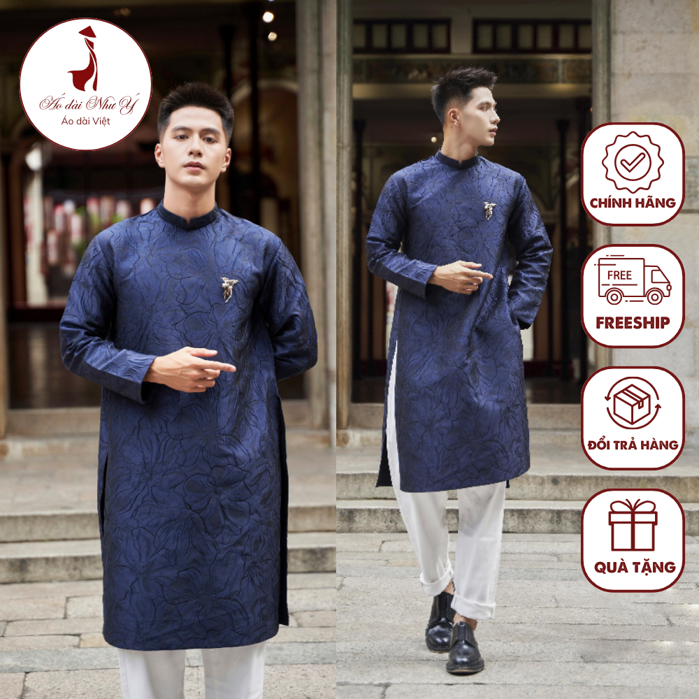 Áo dài cách tân nam xanh than❤️free ship❤️ chất liệu gấm hoa cao cấp - áo dài như ý - m01