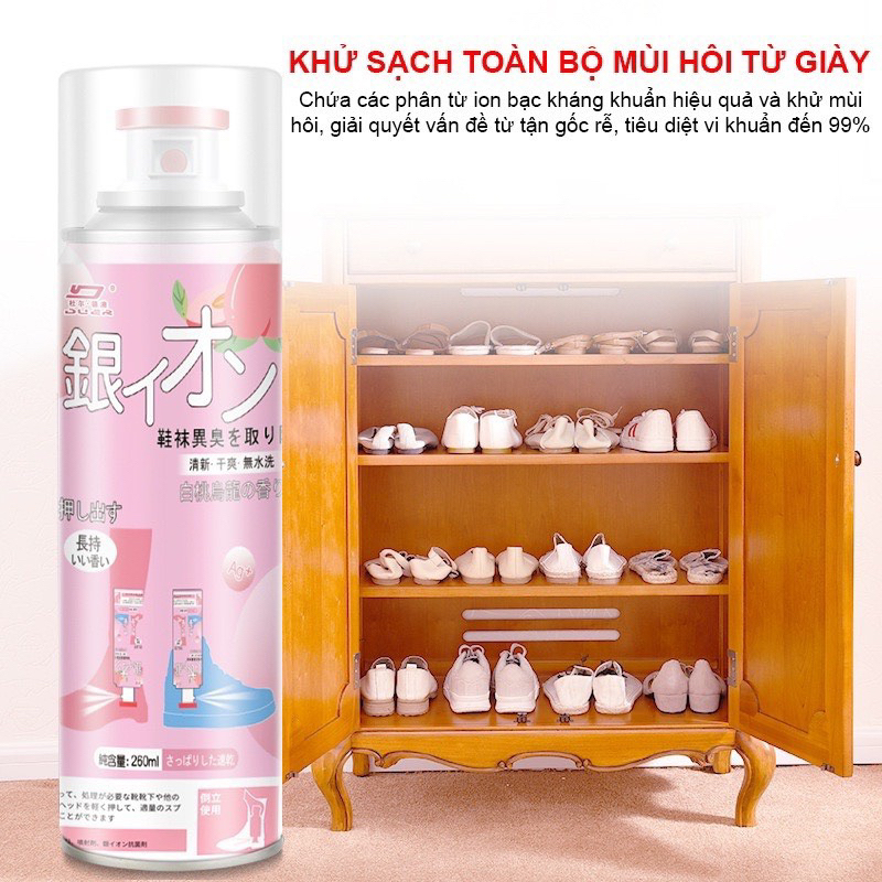 Chai xịt khử mùi hôi giày dép túi Nano bạc kháng khuẩn khử trùng an toàn cho da hương Đào 260ml