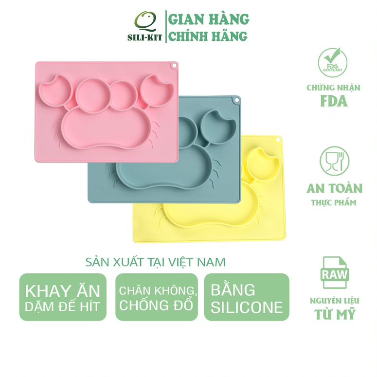 Khay ăn dặm cho bé silicone SILIKIT, khay ăn dặm silicone 5 ngăn có đế hít chống đổ hình con cua