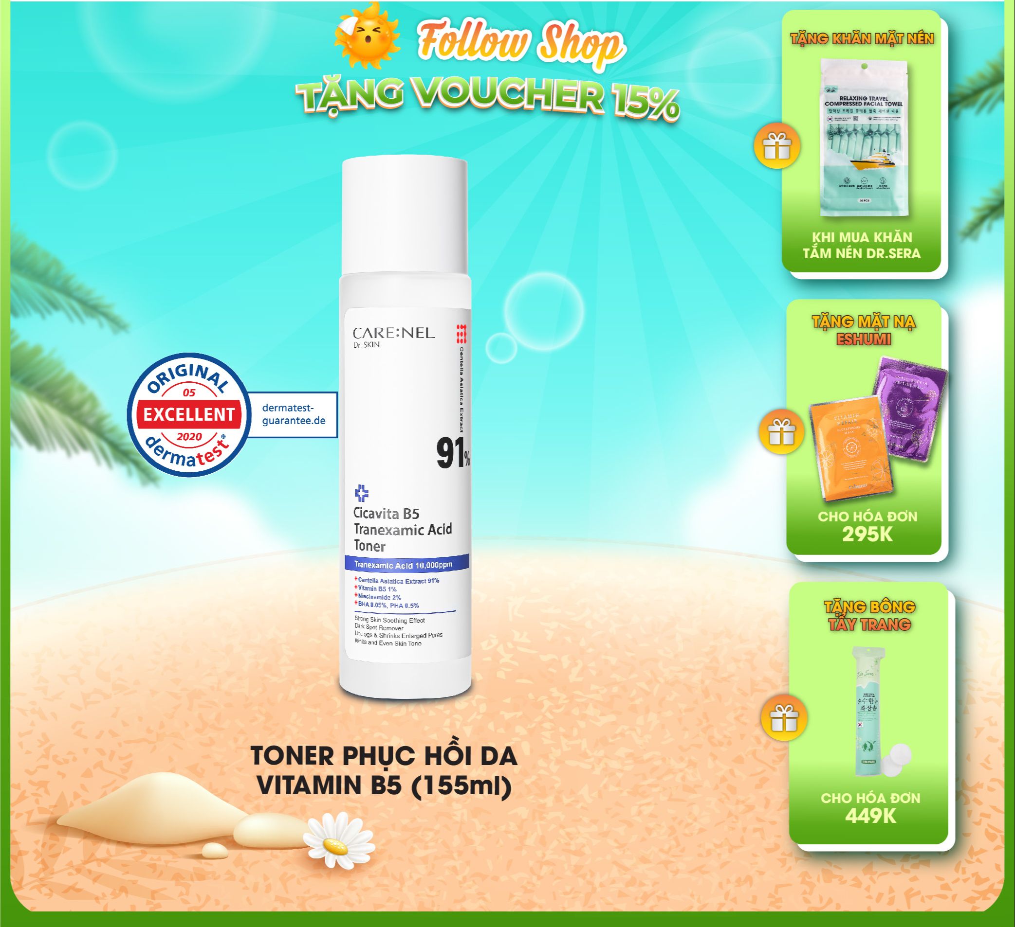 Toner dưỡng ẩm vitamin b5 centella phục hồi da carenel cica vita b5 tranexamic acid 155ml