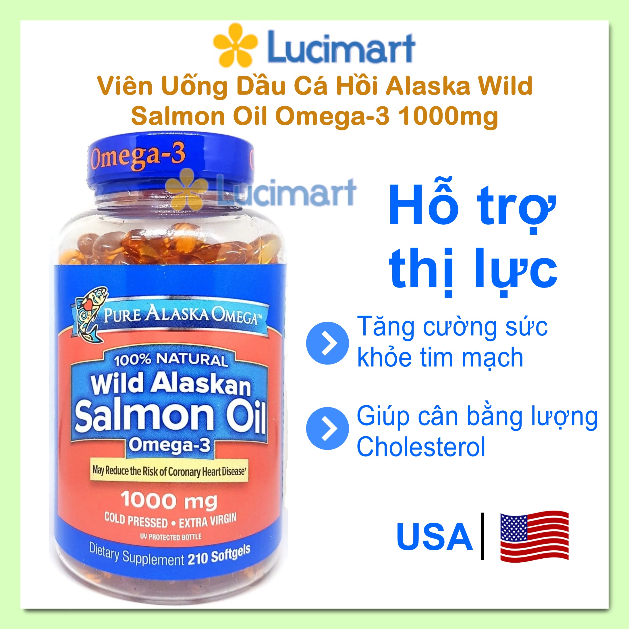 [HCM]Viên dầu cá hồi tự nhiên Pure Alaska Wild Salmon Oil Omega-3 1000mg hũ 210 viên [hàng Mỹ hạn dùng 2026]
