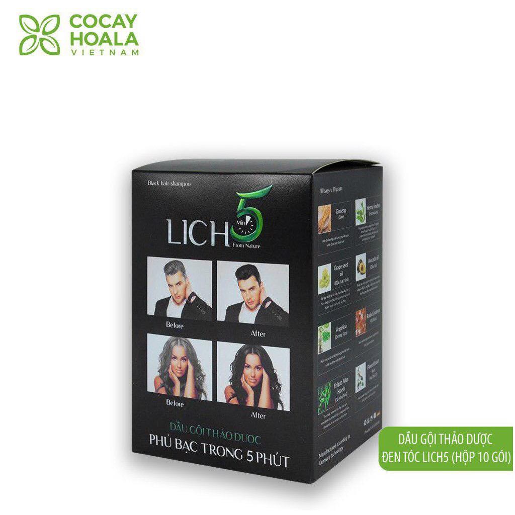 Dầu Gội Lich5 - Thảo Dược Đen Tóc Cỏ cây hoa lá làm đen tóc trong 5 phút - hộp 10 gói