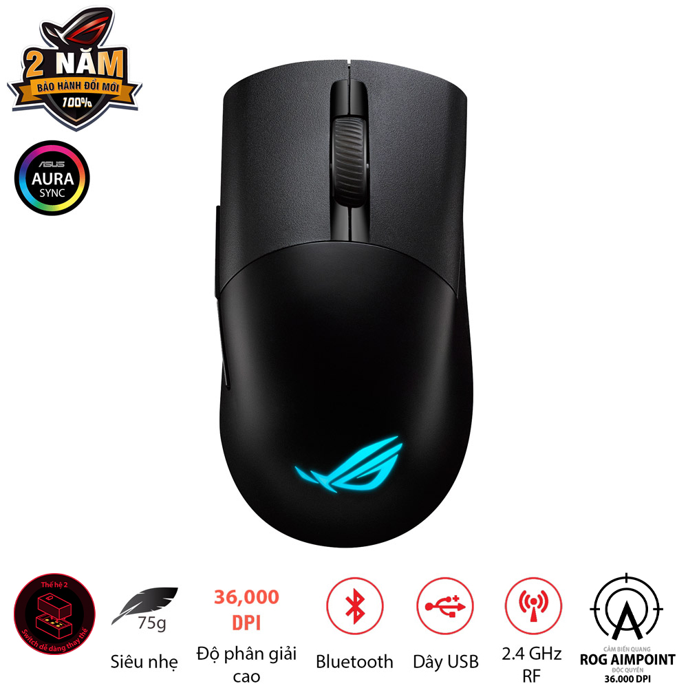 Chuột chơi game fps rog keris wireless aimpoint black kết nối không dây, 2.4 ghz, bluetooth, dpi 36000, cảm biến rog aimpoint, 75g, socket thay thế, rgb aura sync, feet chuột 100% ptfe