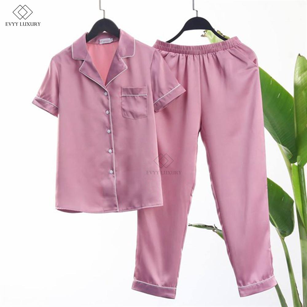 Bộ Pijama lụa trơn, bộ mặc nhà áo cộc quần dài, bộ đồ ngủ màu hồng tím, bộ mặc nhà kín đáo, pijama sang trọng