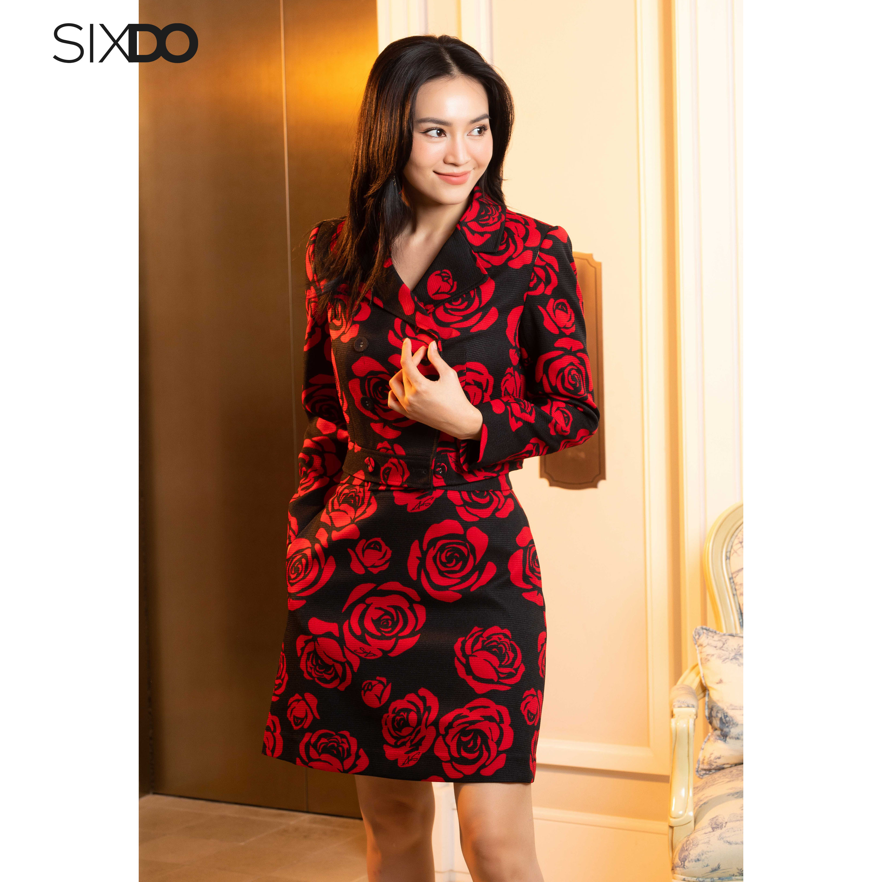 Áo Vest thô dáng lửng họa tiết hoa hồng SIXDO