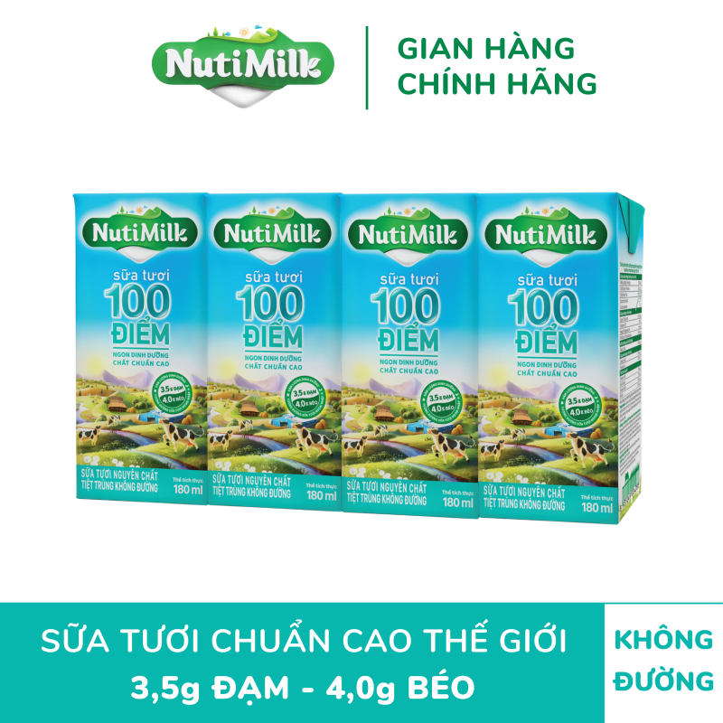 [ MIỄN PHÍ SHIP ĐƠN HÀNG 49K] Lốc 4 Hộp NutiMilk Sữa tươi 100 điểm - Sữa tươi tiệt trùng nguyên chất không đường 180ml L4.STKD180TTGT - Thương Hiệu NUTIFOOD - TTGT89