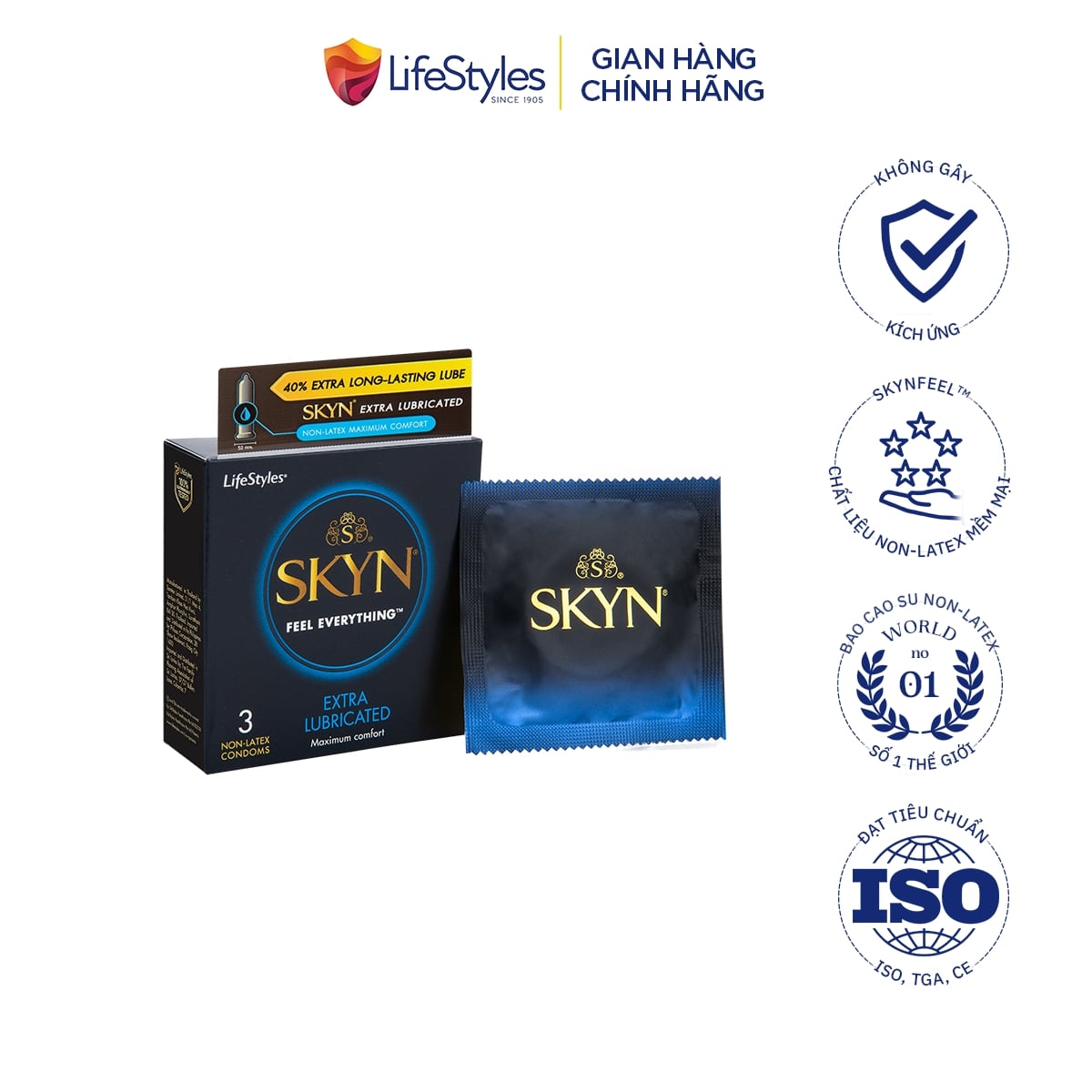 Hộp 3 Cái Bao cao su LifeStyles SKYN Extra Lubricated Non-latex, bao cao su nam skyn loại nhiều gel bôi trơn cao cấp, siêu ướt át dễ dàng ra vào