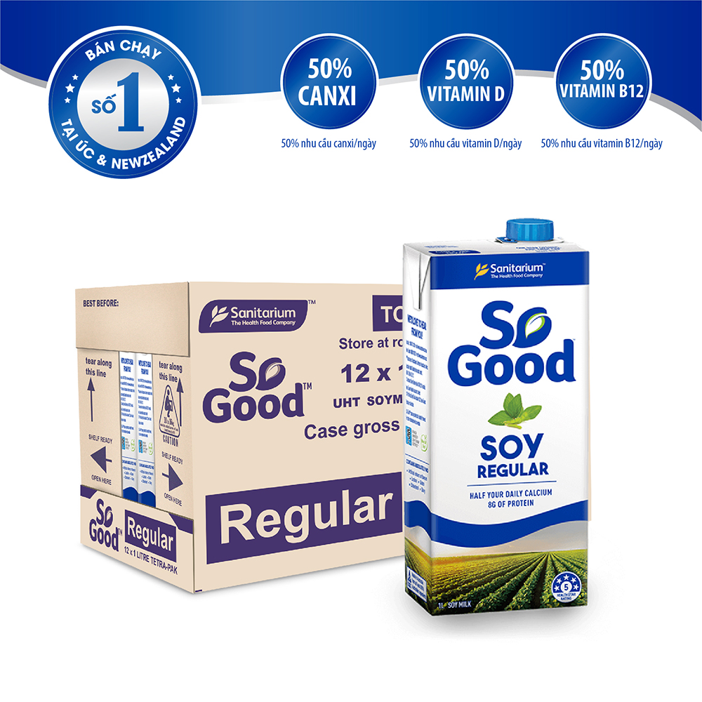 Thùng 12 hộp sữa đậu nành So Good Úc 1L, calo thấp, bổ xung canxi và vitamin phù hợp mẹ bầu, người ăn kiêng