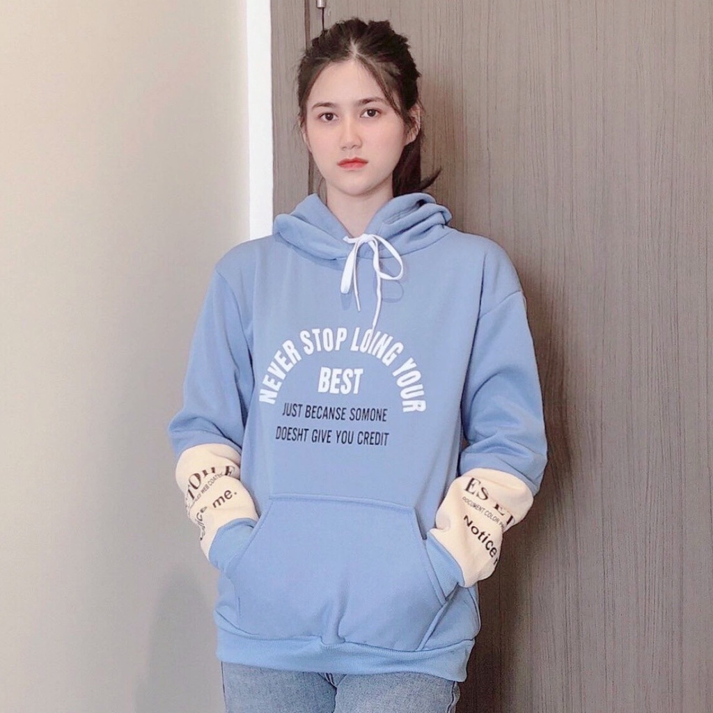 Áo hoodie nỉ cotton quảng châu cao cấp, Áo nỉ in chữ NEVER STOP dáng rộng